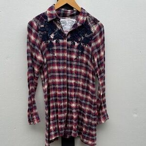 Johnny Was Embroidered Floral Gauze Flannel Plaid Shirt XS